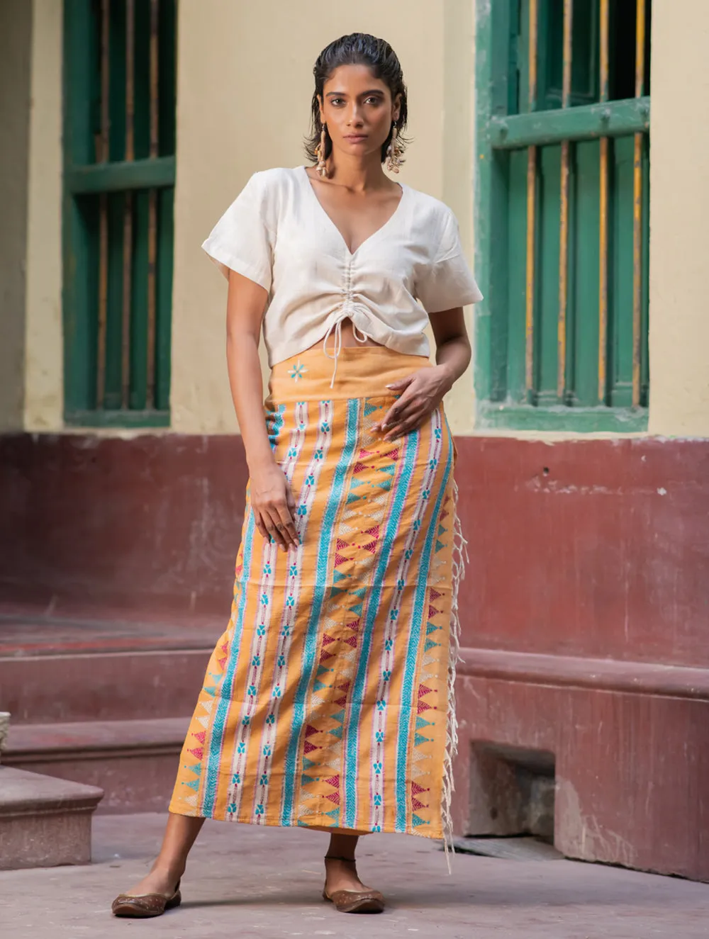 Handwoven Khesh & Kantha Embroidered Cotton Wrap Skirt - Yellow