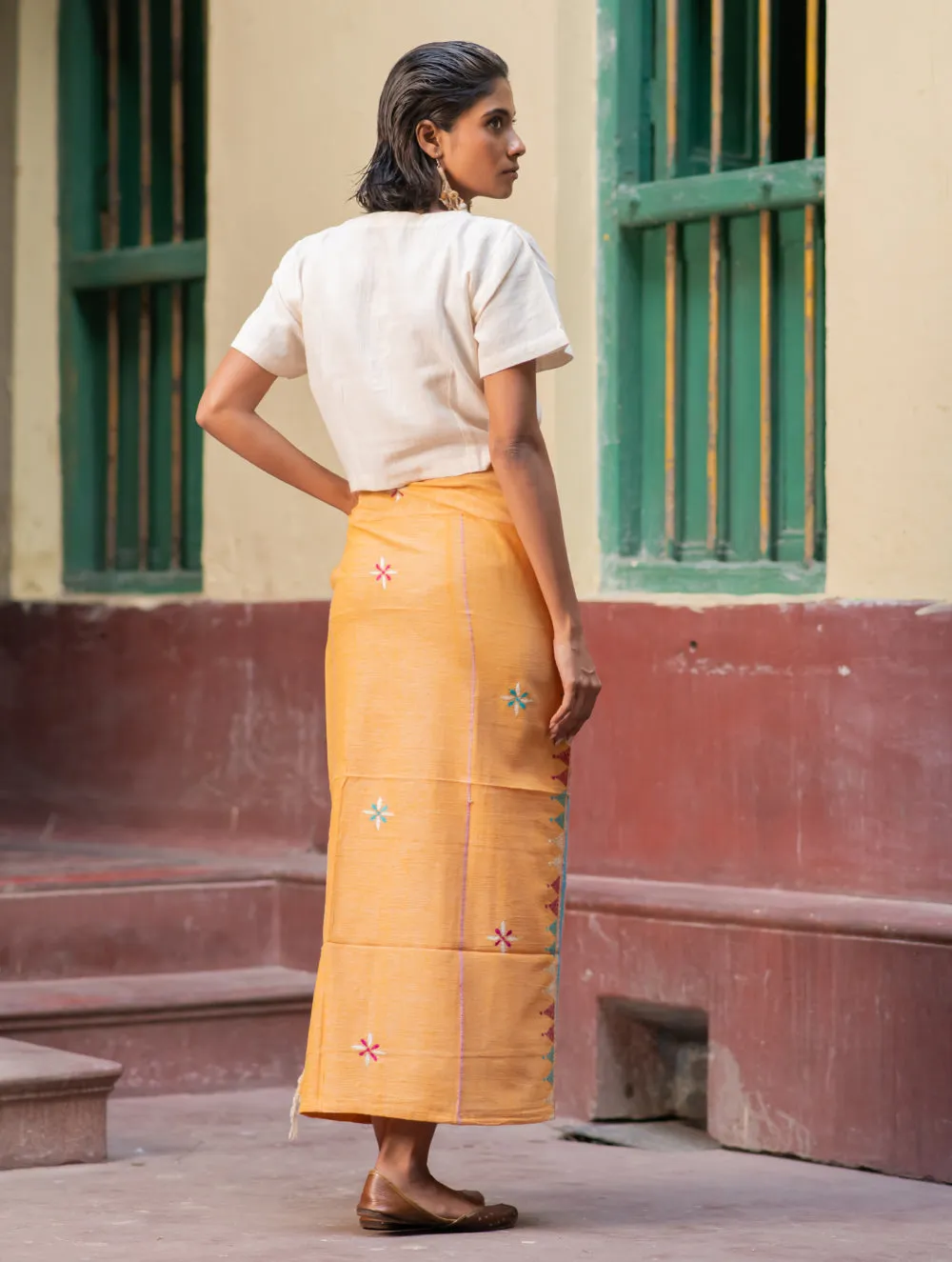 Handwoven Khesh & Kantha Embroidered Cotton Wrap Skirt - Yellow