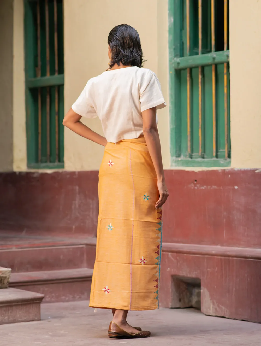 Handwoven Khesh & Kantha Embroidered Cotton Wrap Skirt - Yellow