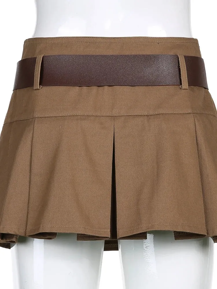 Harajuku Khaki Belted High Waist Mini Skirt Women Vintage Clothes Korean Short Pleated Skirt Preppy Style Cargo Chic