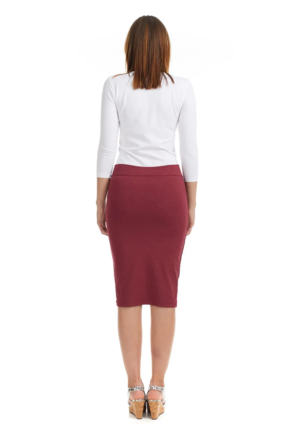 Heather Burgundy Cotton Below Knee Length Pencil Skirt  -  'Chicago'