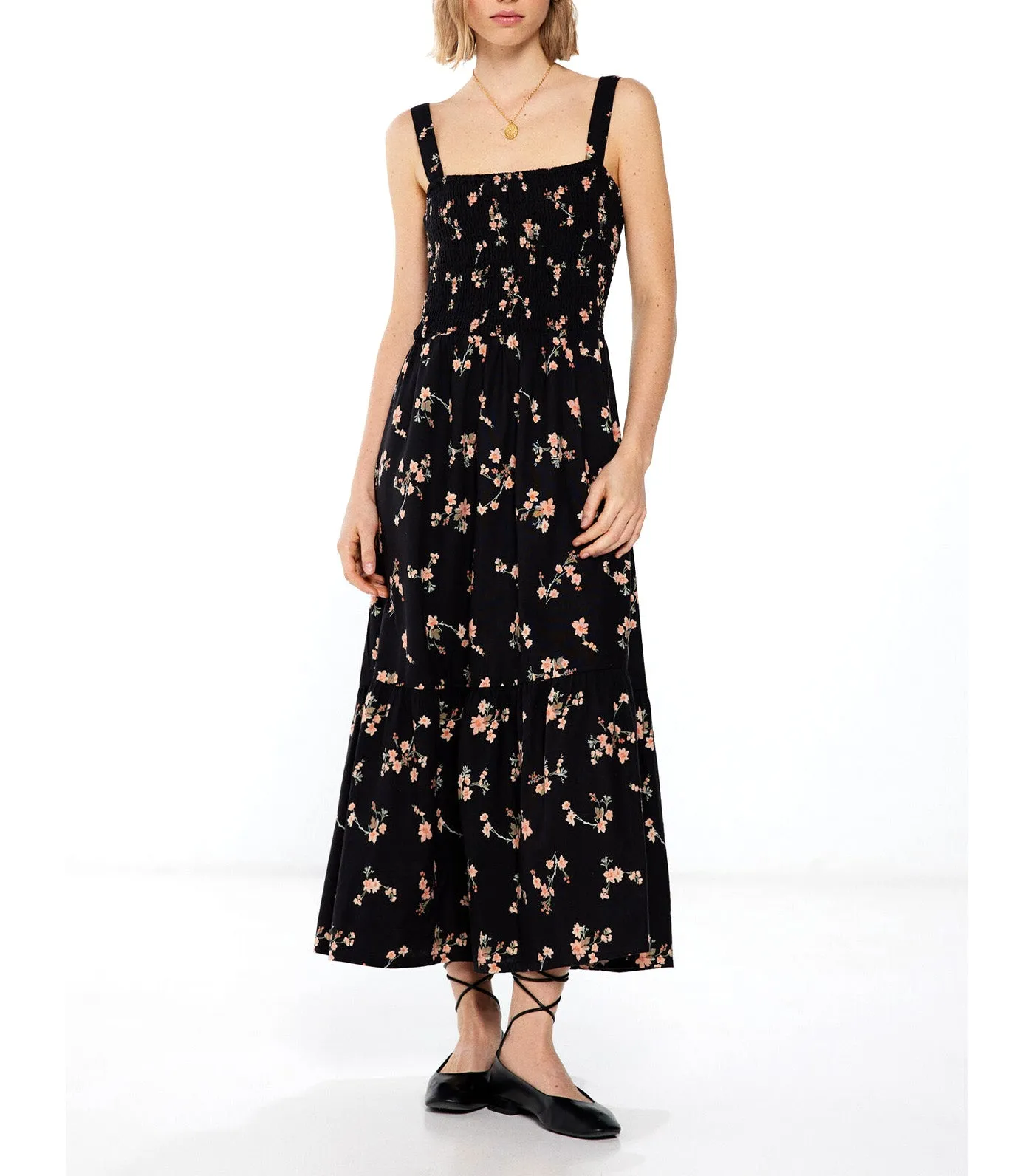 Honeycomb Print Midi Dress with Linen Black