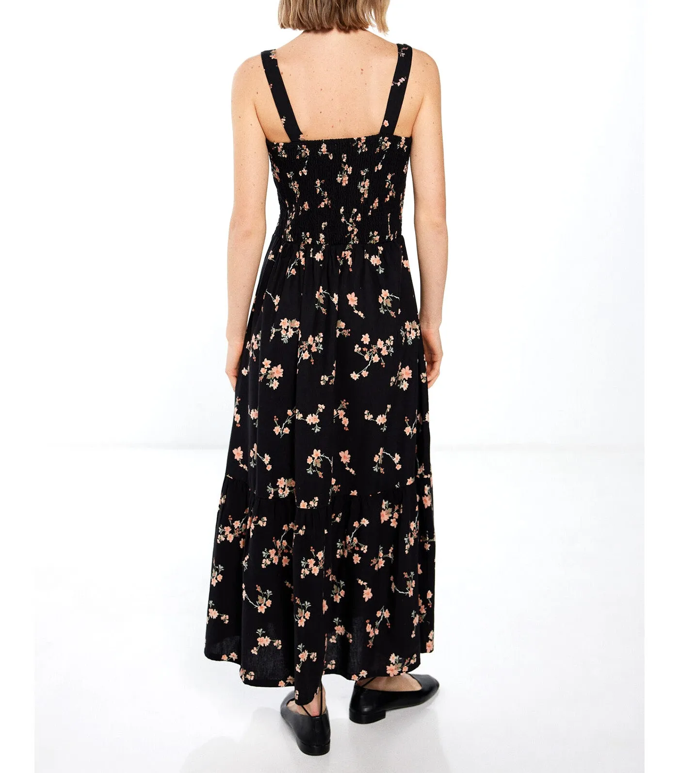 Honeycomb Print Midi Dress with Linen Black