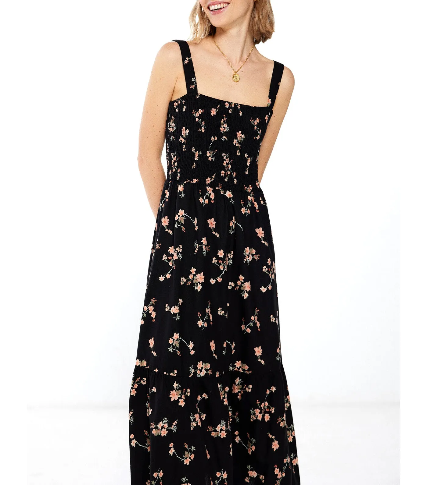 Honeycomb Print Midi Dress with Linen Black