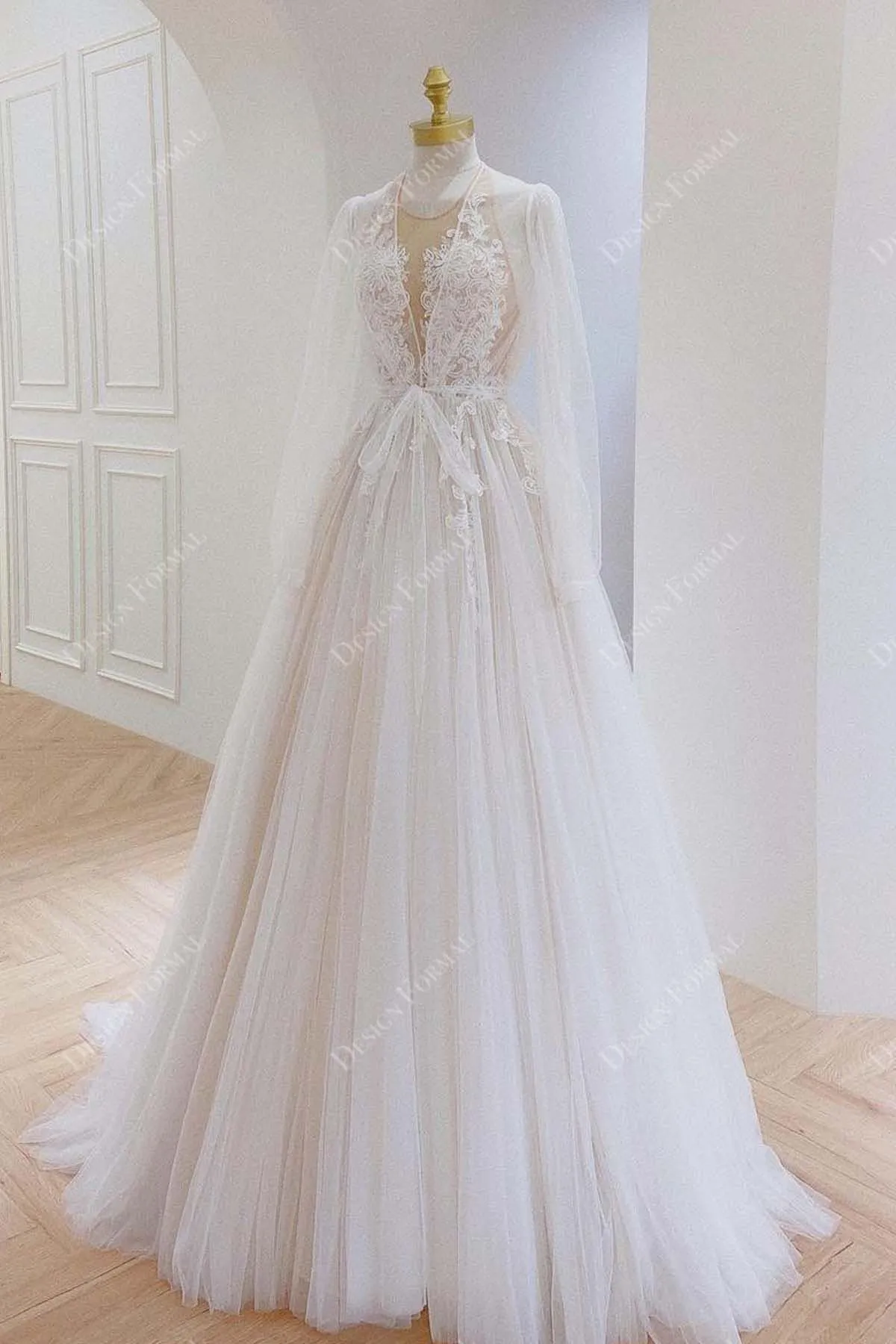 Illusion Neck Lace Tulle Long Sleeves Tailor-Made Bridal Dress