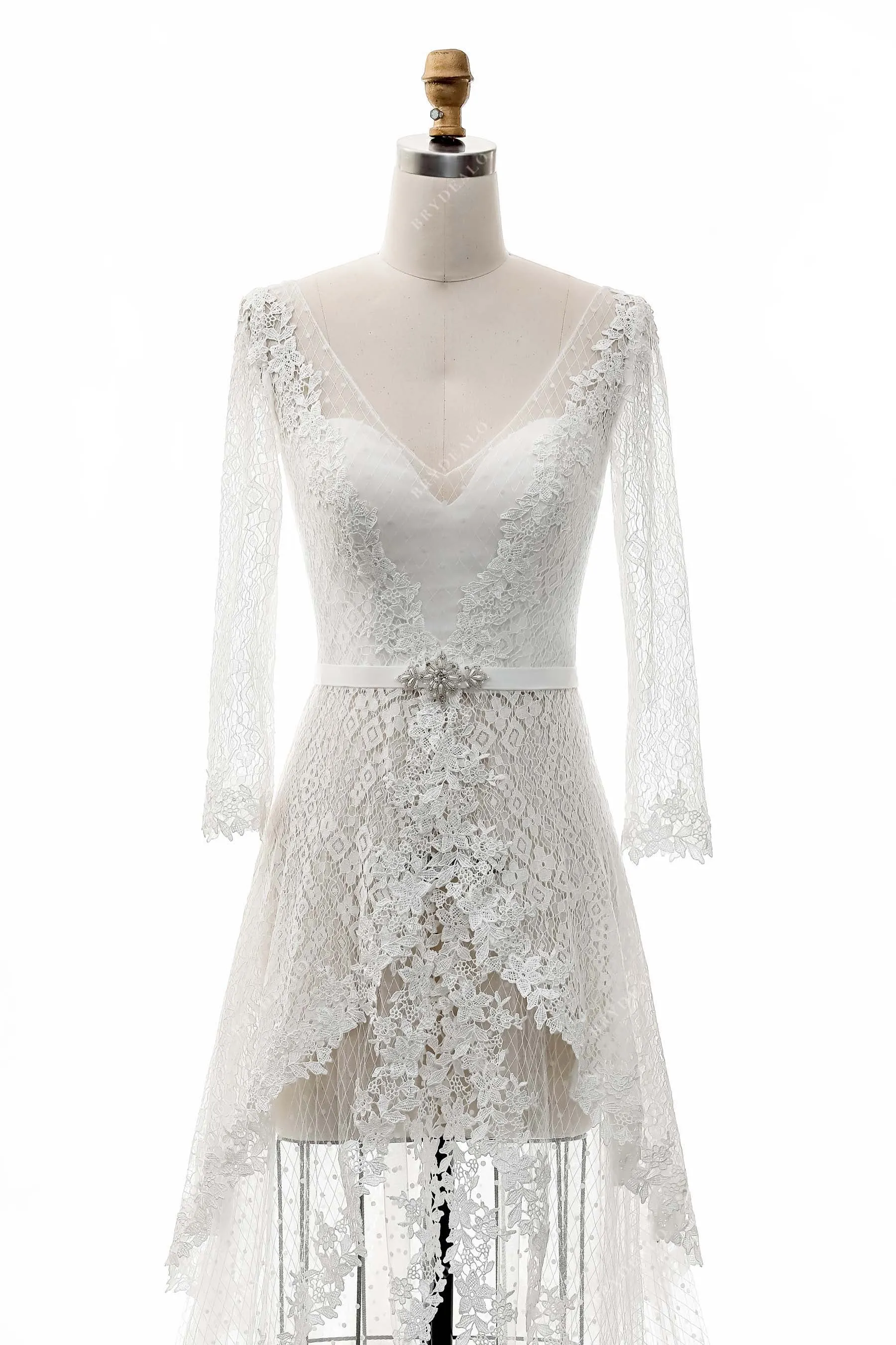 Illusion V-neck Lace Casual High-Low Bridal Shower Dress