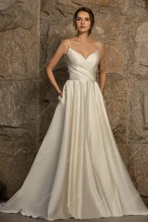 Ivory Classic Spaghetti Strap Pockets Pleated Wedding Ball Gown