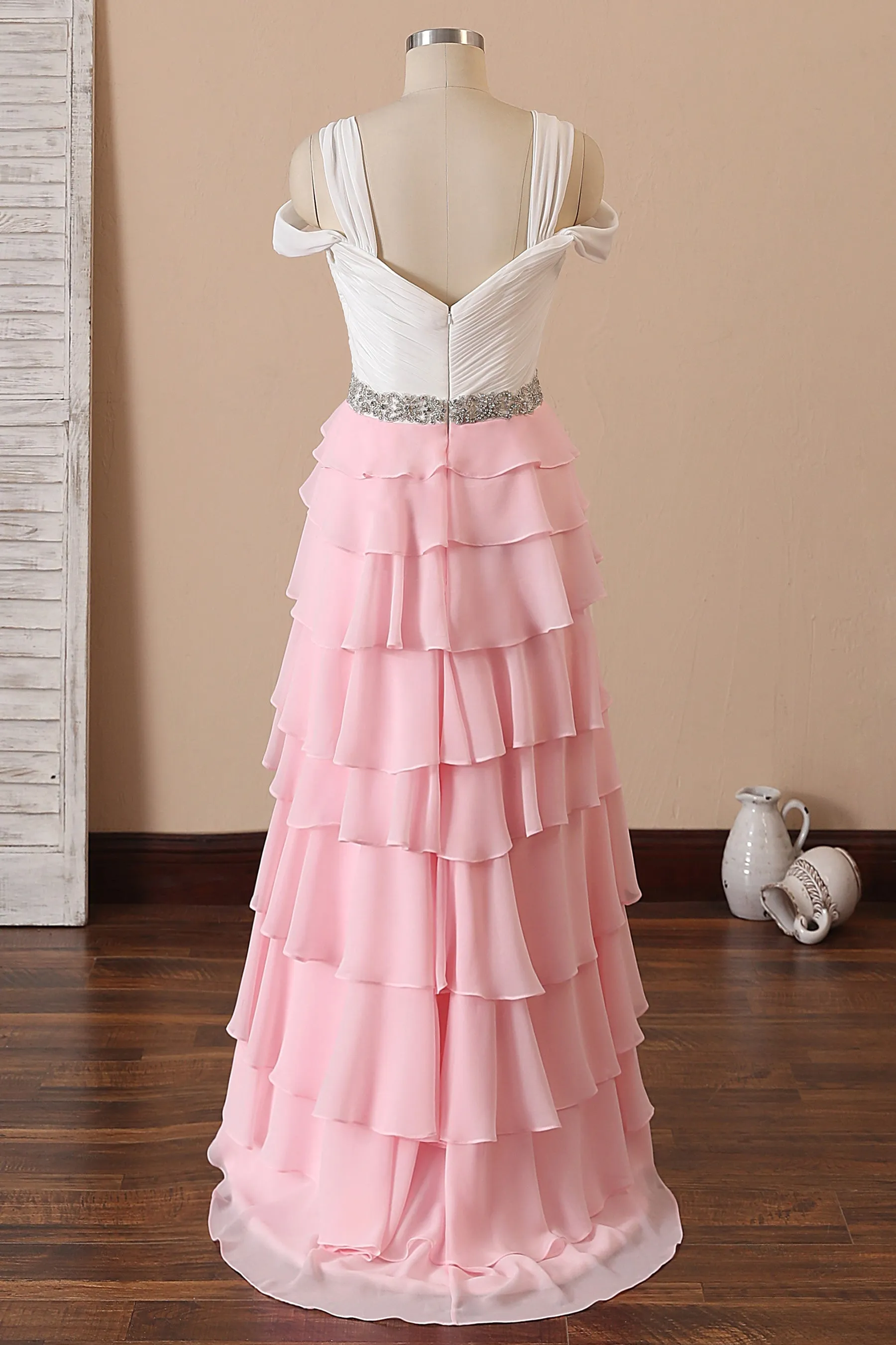 Ivory Pleated Chiffon Pink Ruffled Two-tone Dress