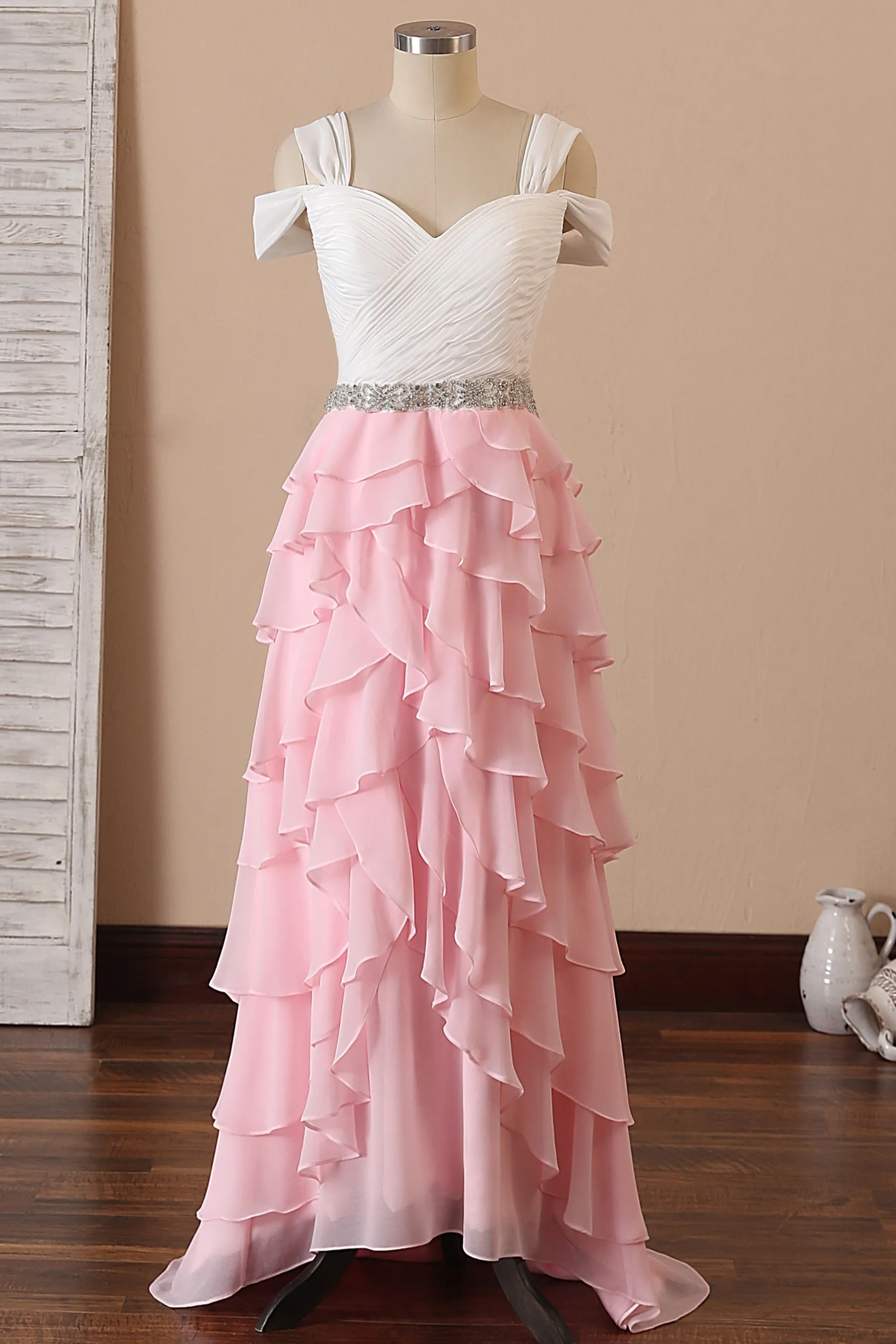 Ivory Pleated Chiffon Pink Ruffled Two-tone Dress