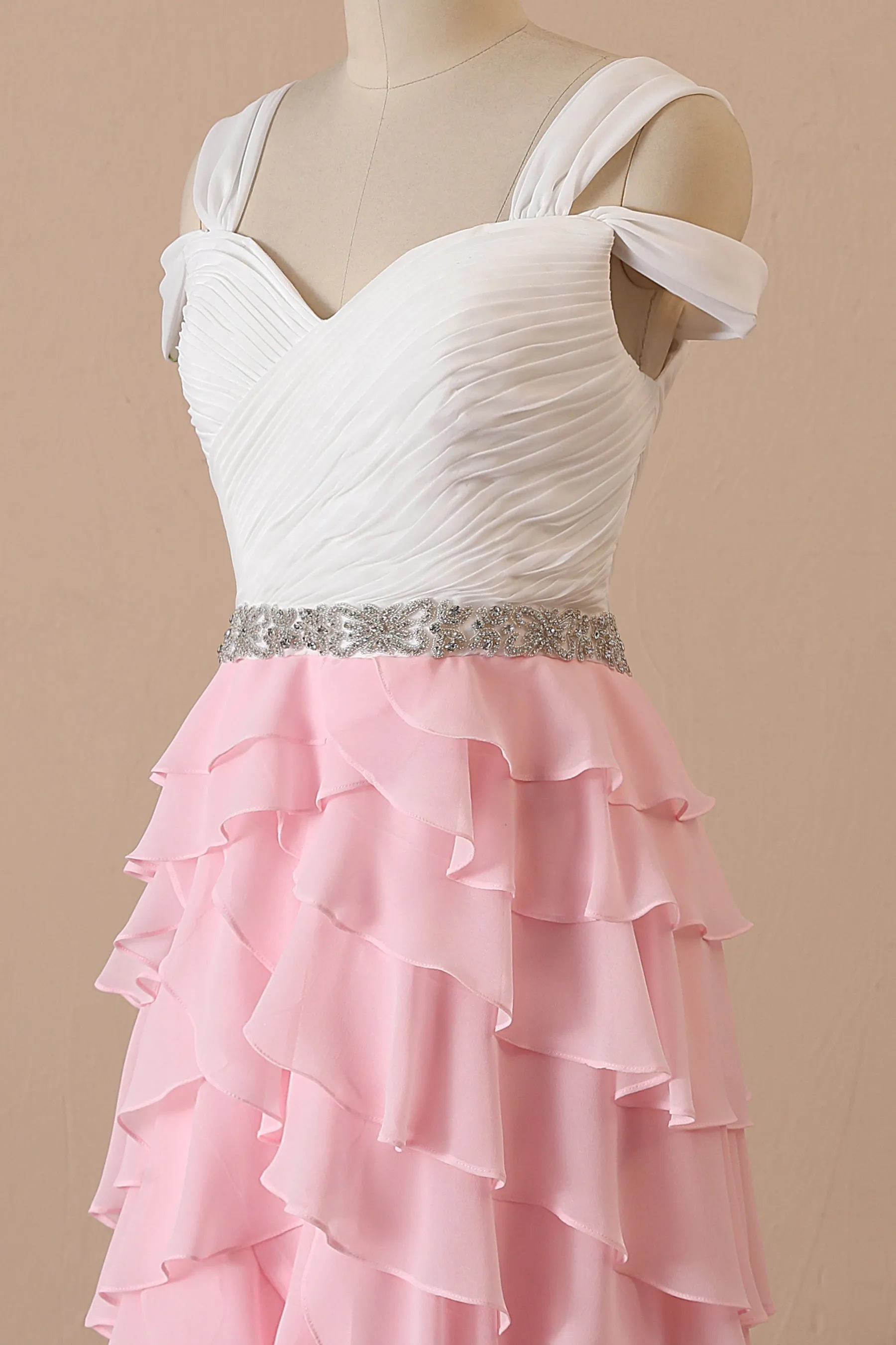 Ivory Pleated Chiffon Pink Ruffled Two-tone Dress