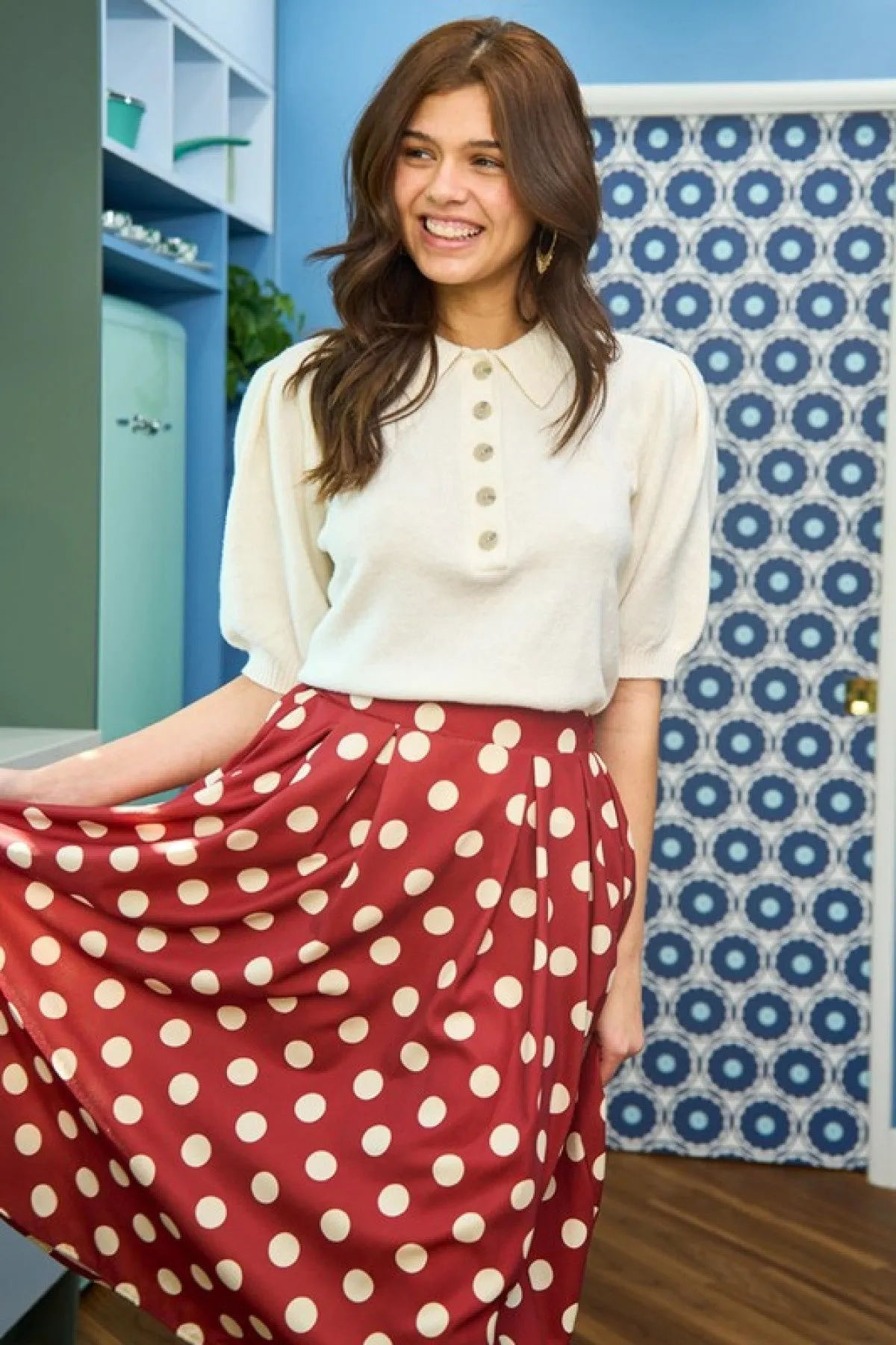 Jade By Jane Polka Dot Pleated Midi Skirt - Ships from The US