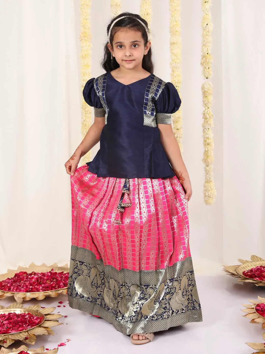 Jashvi Girl's Blue And Pink Pavda Pattu Lehenga Choli Set