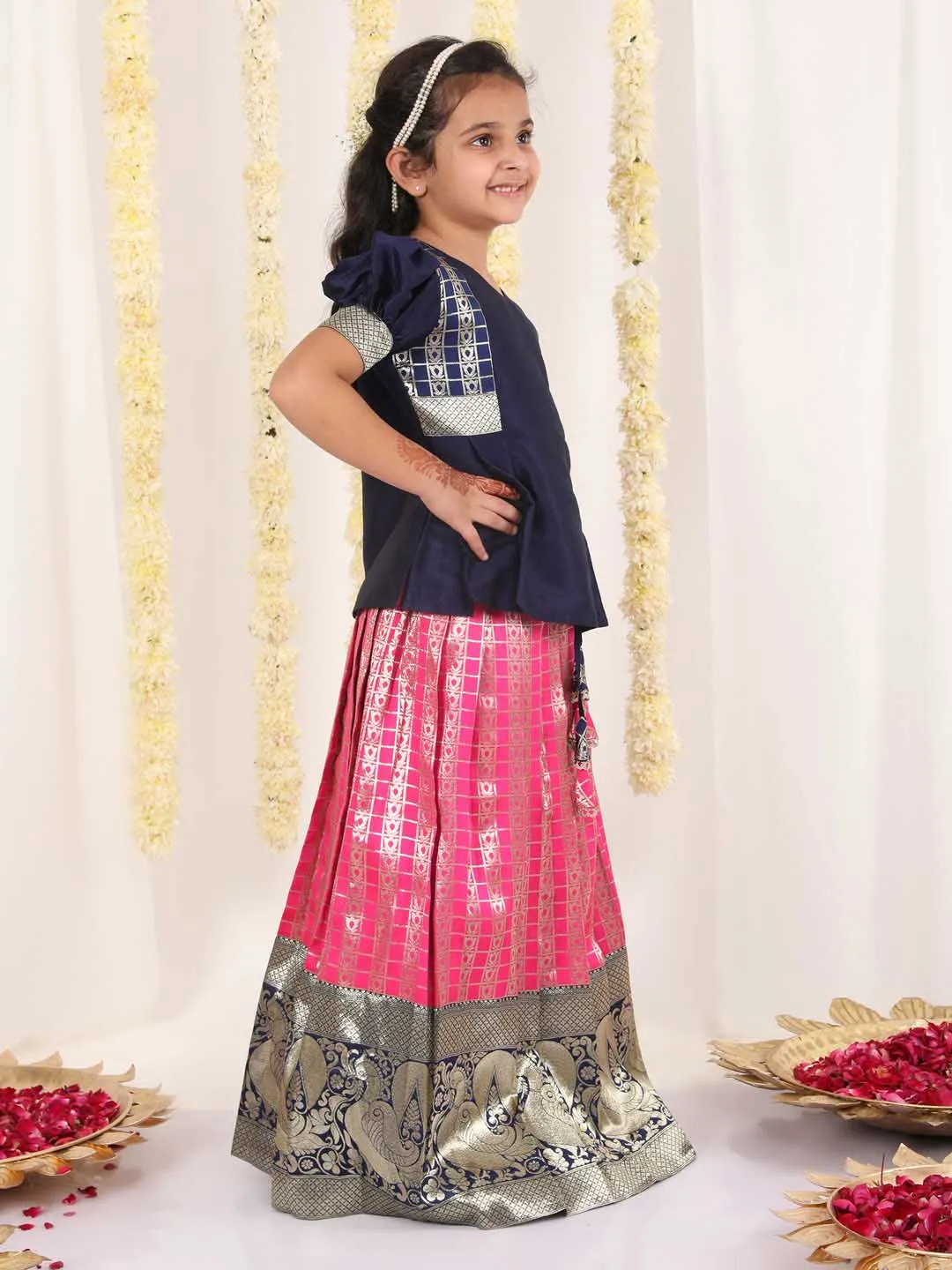 Jashvi Girl's Blue And Pink Pavda Pattu Lehenga Choli Set