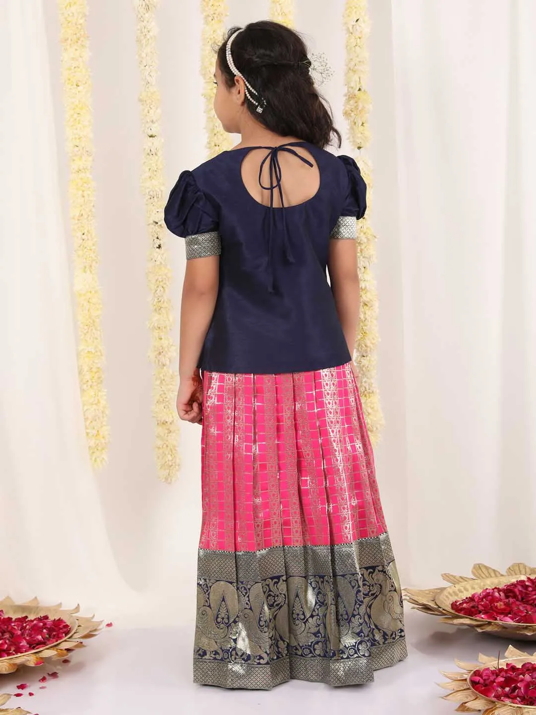 Jashvi Girl's Blue And Pink Pavda Pattu Lehenga Choli Set