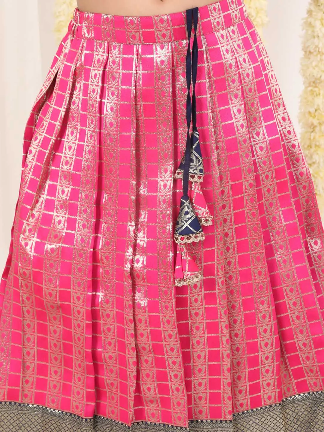 Jashvi Girl's Blue And Pink Pavda Pattu Lehenga Choli Set