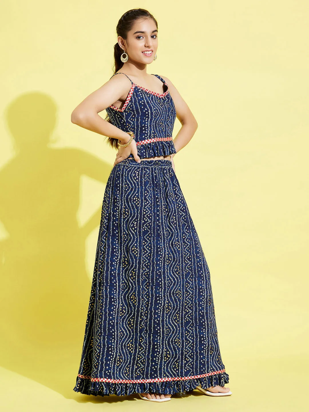 Jashvi Girl's Blue Bandhni Print Crop Top And Blue Long Skirt Set