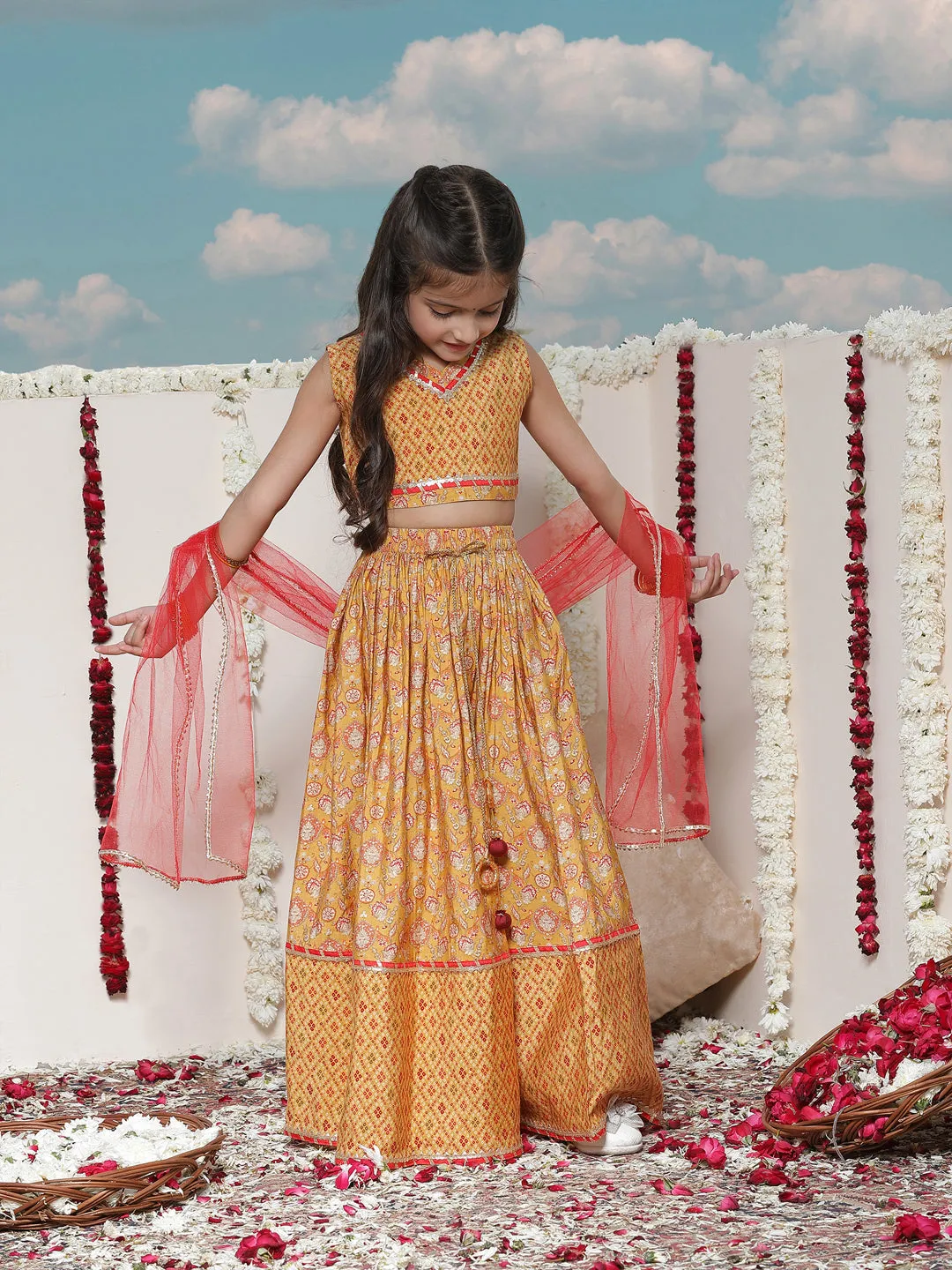 Jashvi Girls' Floral Printed Lehenga Choli With Dupatta