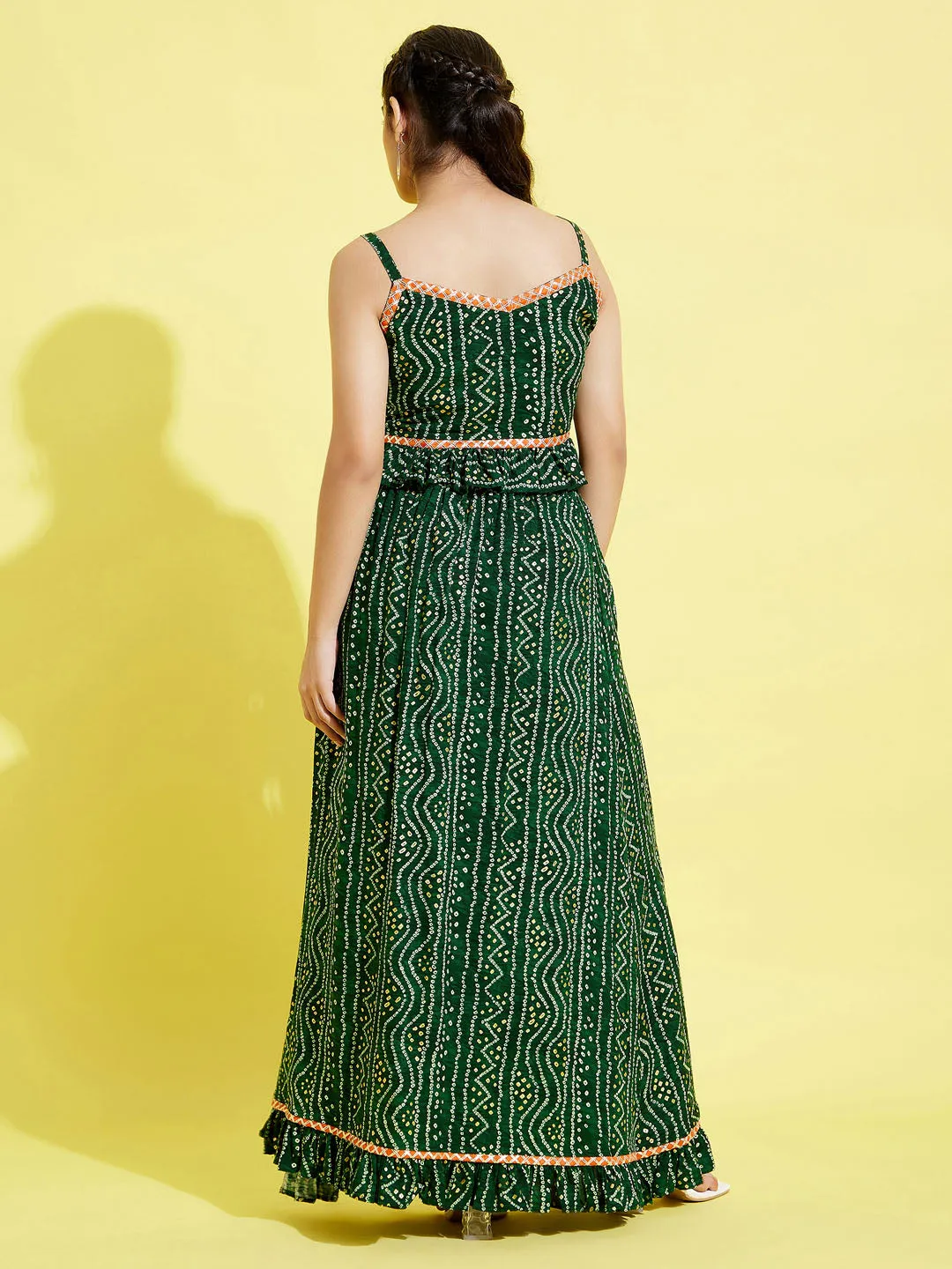 Jashvi Girl's Green Bandhni Print Crop Top And Green Long Skirt Set