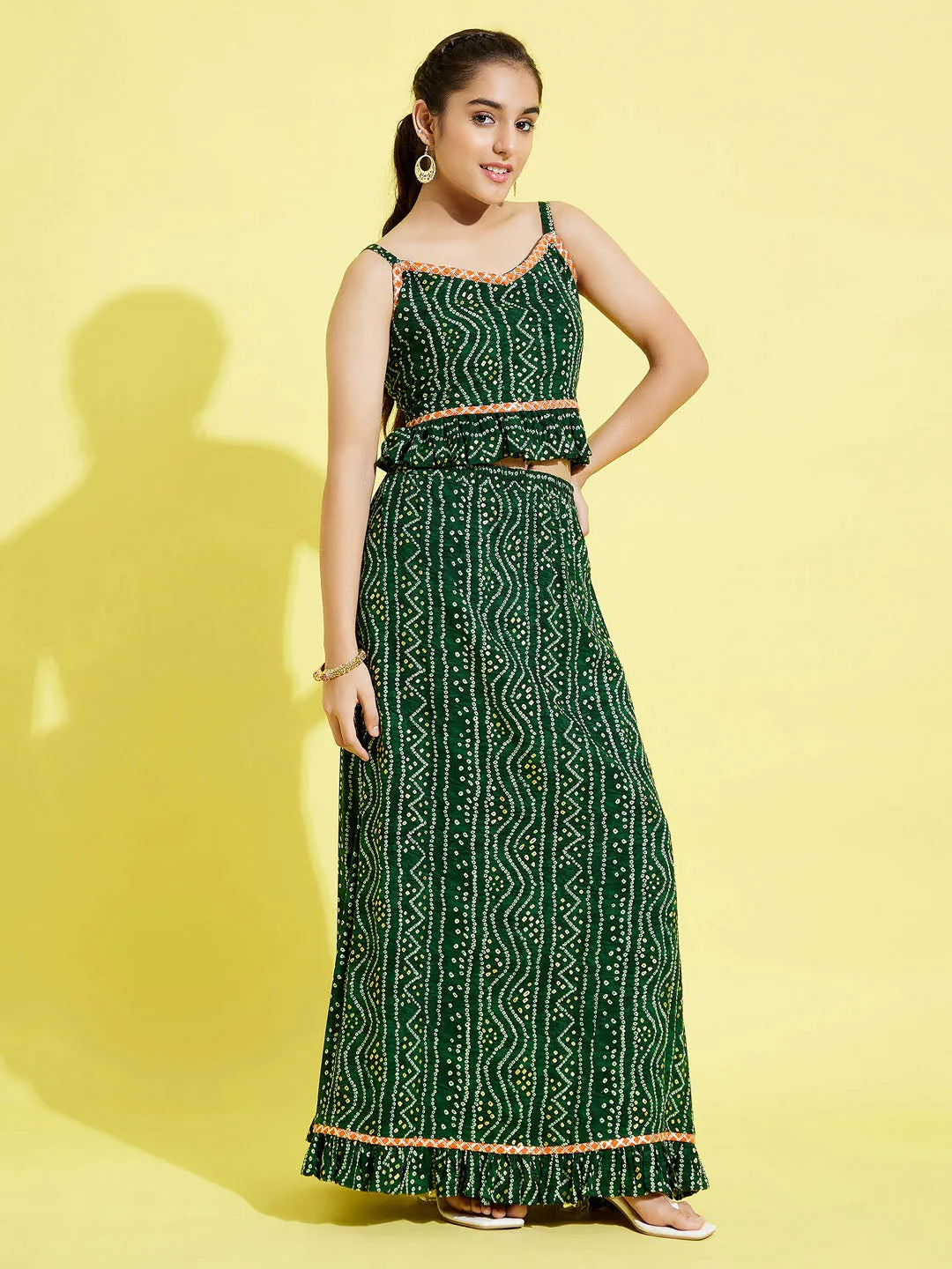 Jashvi Girl's Green Bandhni Print Crop Top And Green Long Skirt Set