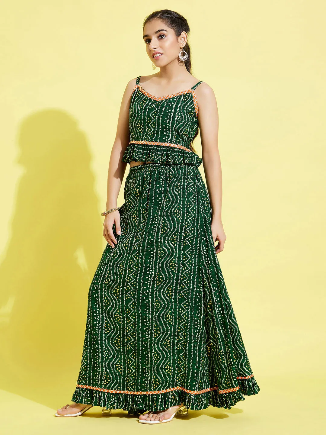 Jashvi Girl's Green Bandhni Print Crop Top And Green Long Skirt Set