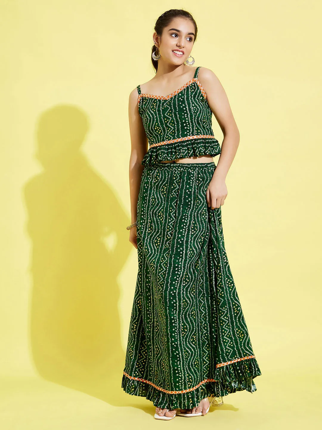 Jashvi Girl's Green Bandhni Print Crop Top And Green Long Skirt Set