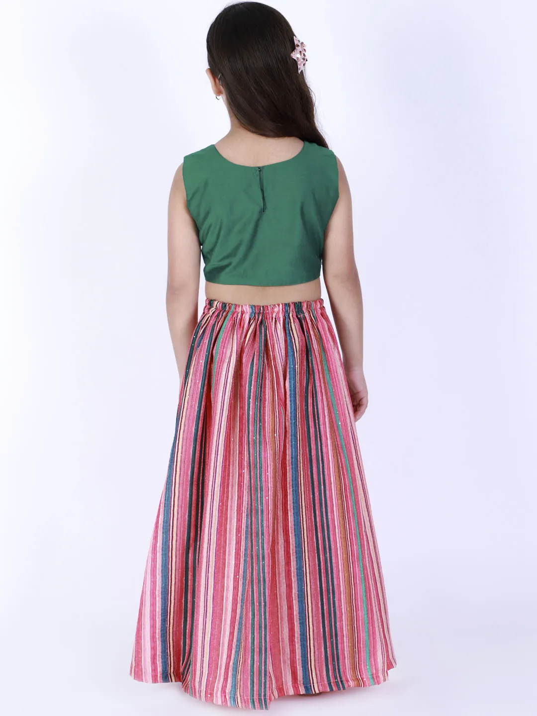 Jashvi Girl's Green Striped Skirt With Green Crop Top