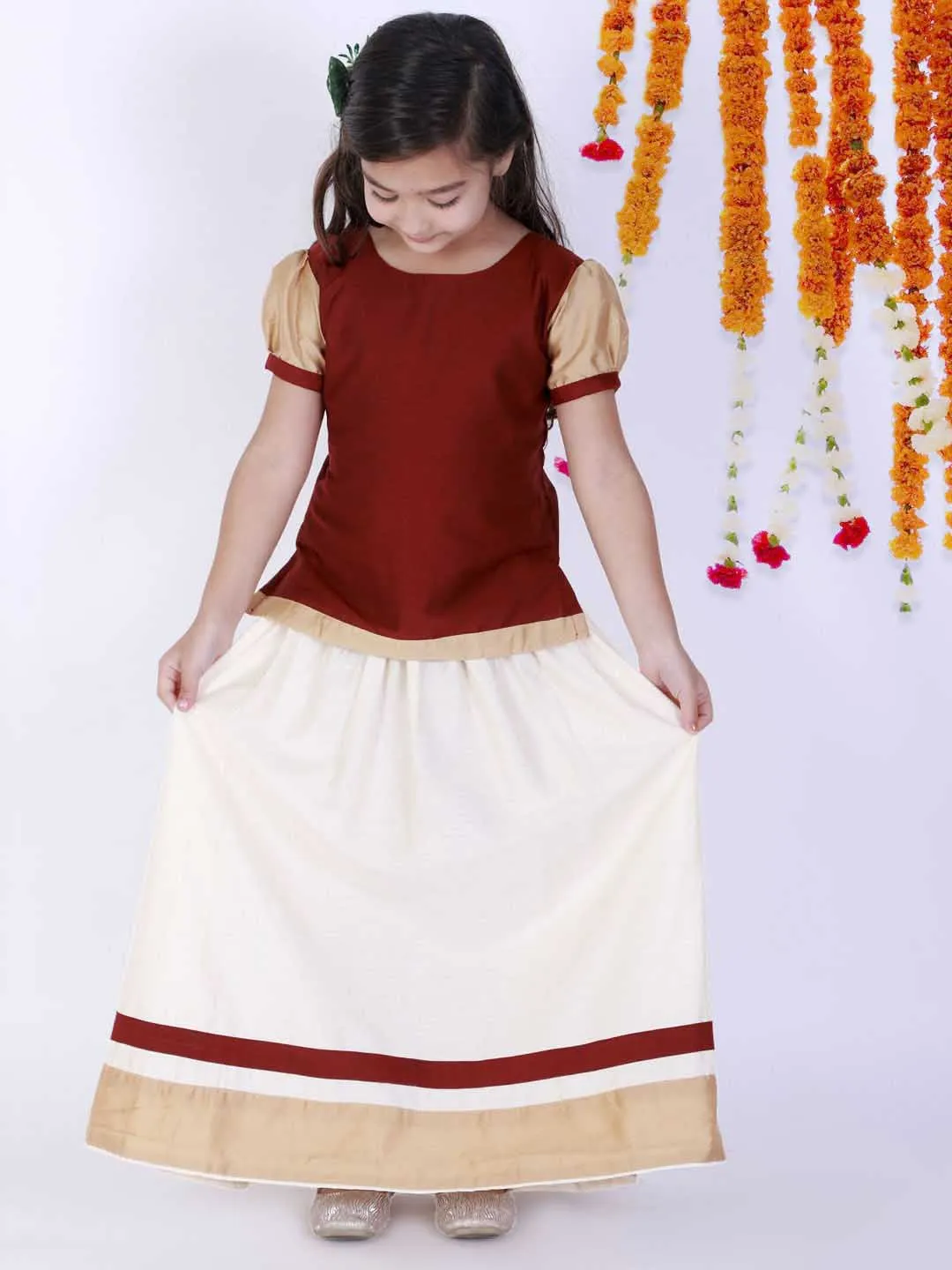 Jashvi Girl's Maroon & White Pavda Pattu Lehenga Choli Set