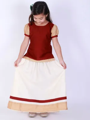 Jashvi Girl's Maroon & White Pavda Pattu Lehenga Choli Set