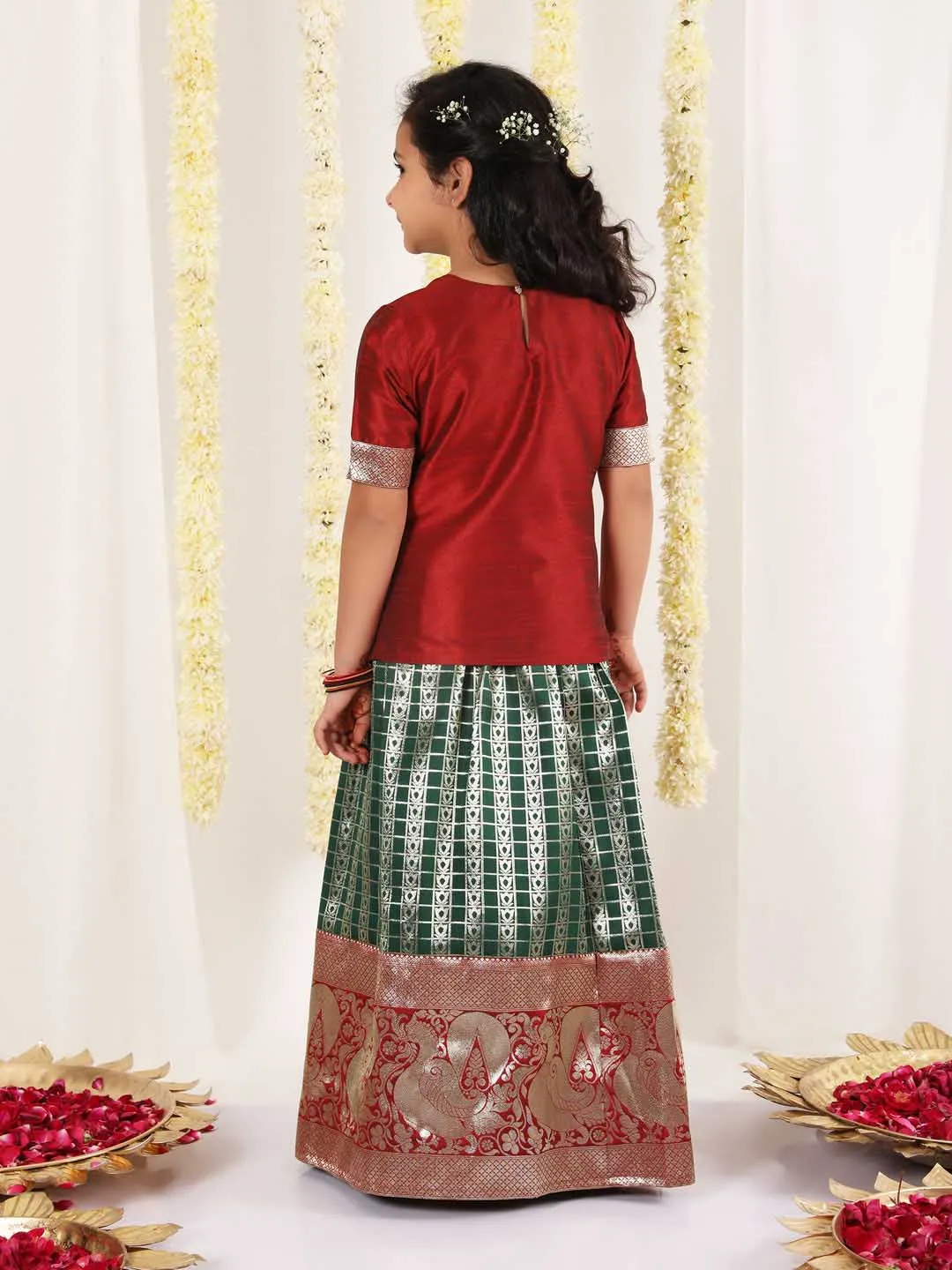 Jashvi Girl's Maroon And Green Pavda Pattu Lehenga Choli Set