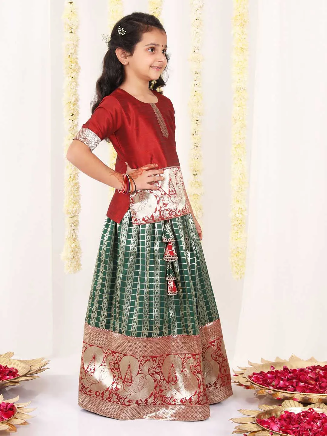 Jashvi Girl's Maroon And Green Pavda Pattu Lehenga Choli Set