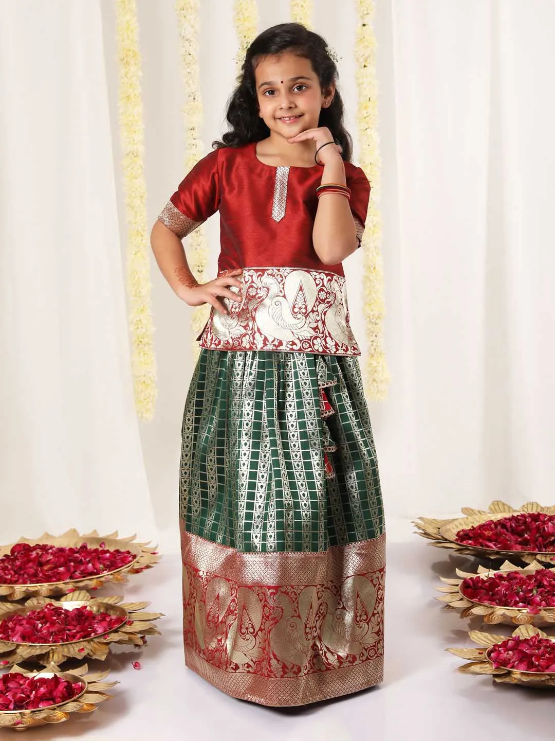 Jashvi Girl's Maroon And Green Pavda Pattu Lehenga Choli Set