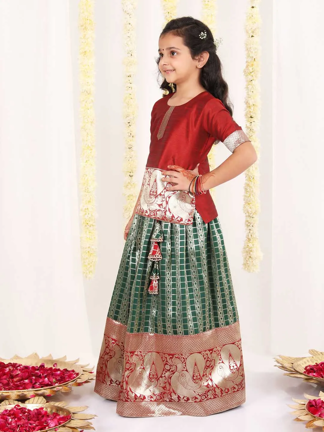 Jashvi Girl's Maroon And Green Pavda Pattu Lehenga Choli Set