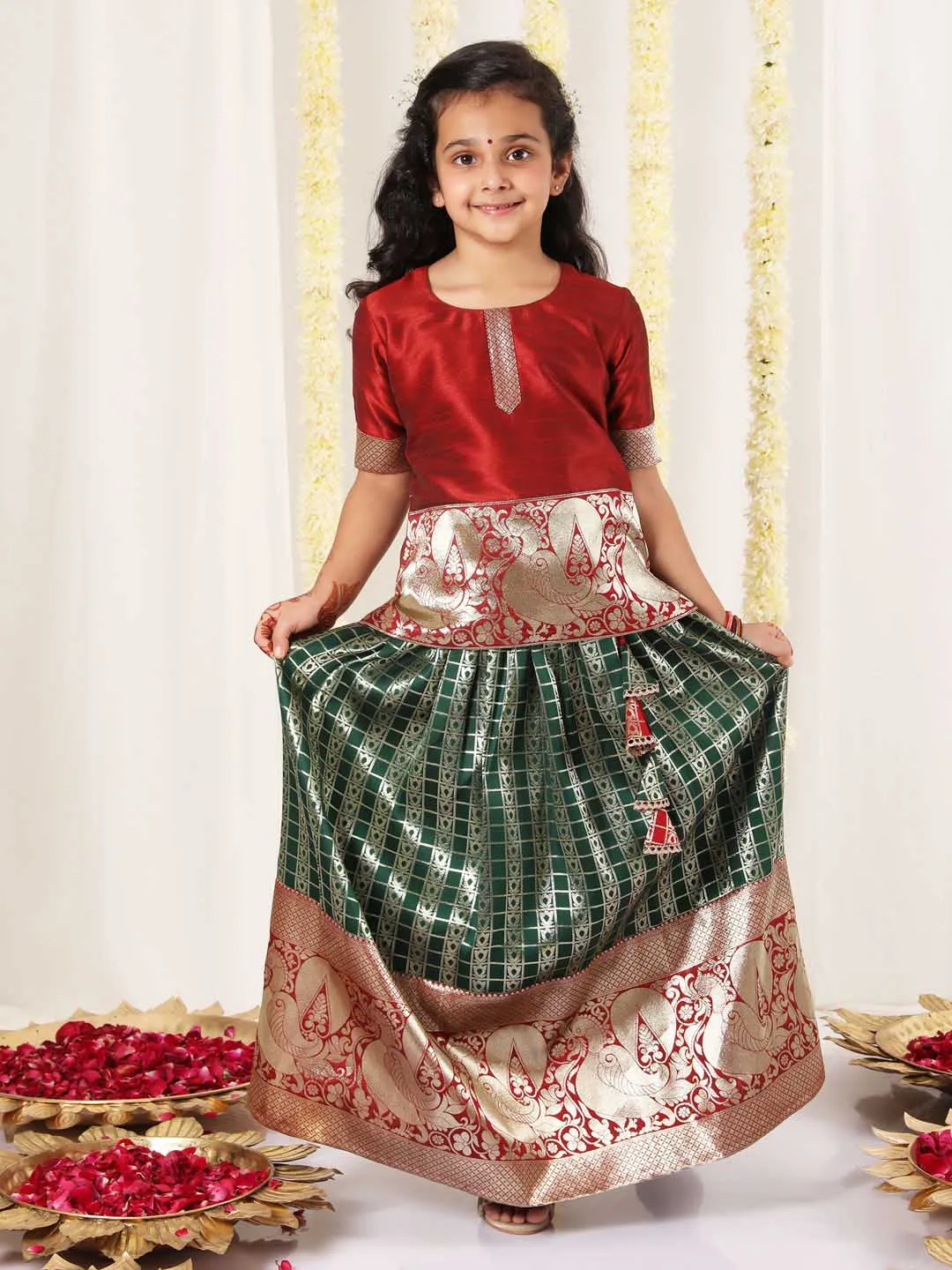 Jashvi Girl's Maroon And Green Pavda Pattu Lehenga Choli Set