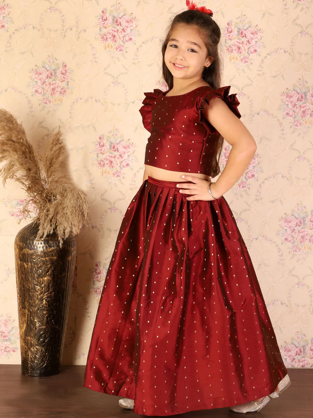 Jashvi Girl's Maroon Woven Design Booti Crop Top And Long Skirt Set