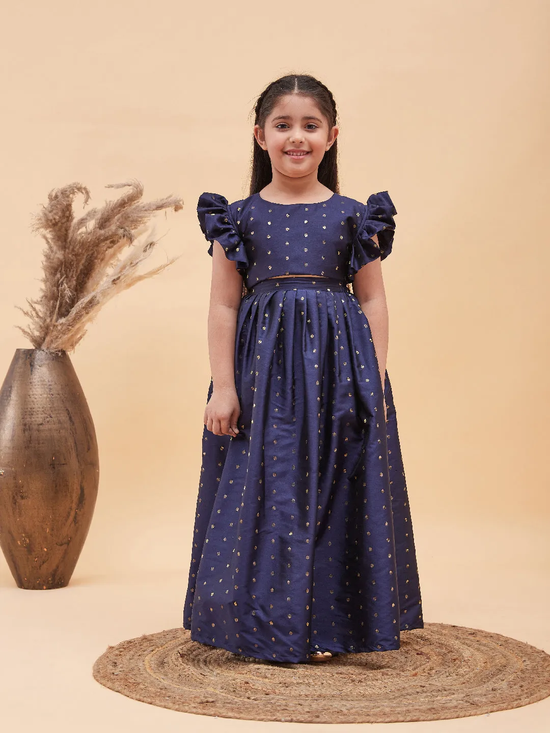 Jashvi Girl's Navy Blue Woven Design Booti Crop Top And Long Skirt Set