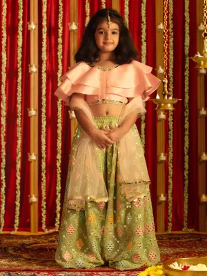 Jashvi Girls' Pink And Mint Green Georgette Lehenga Set