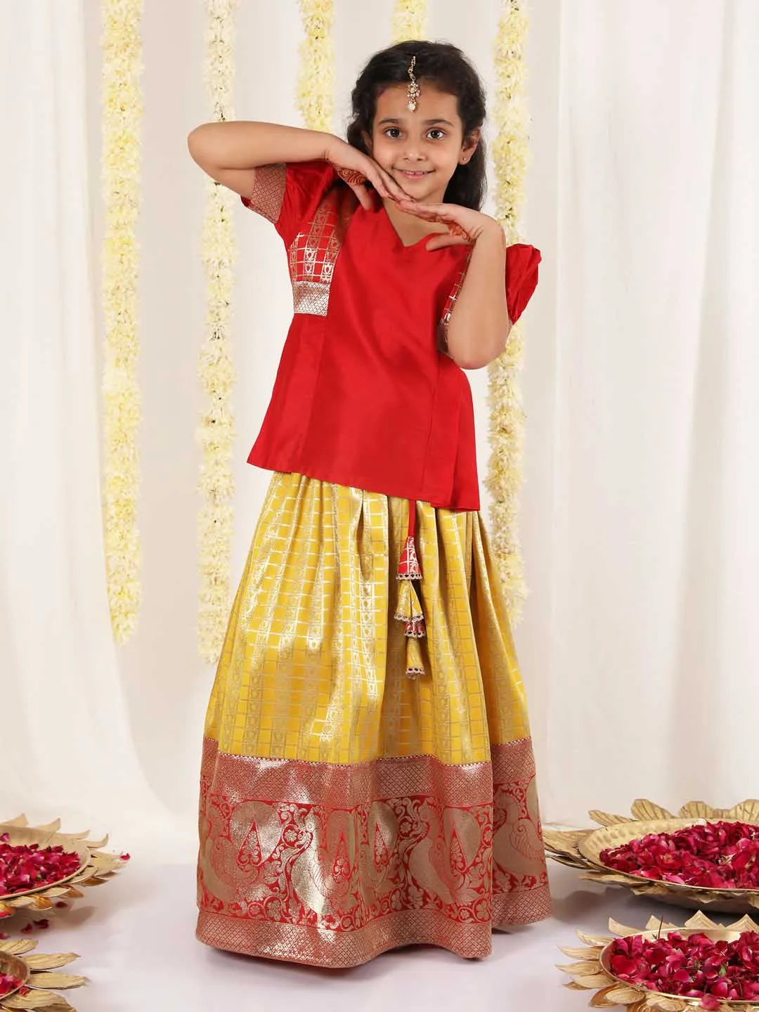 Jashvi Girl's Yellow And Maroon Pavda Pattu Lehenga Choli Set