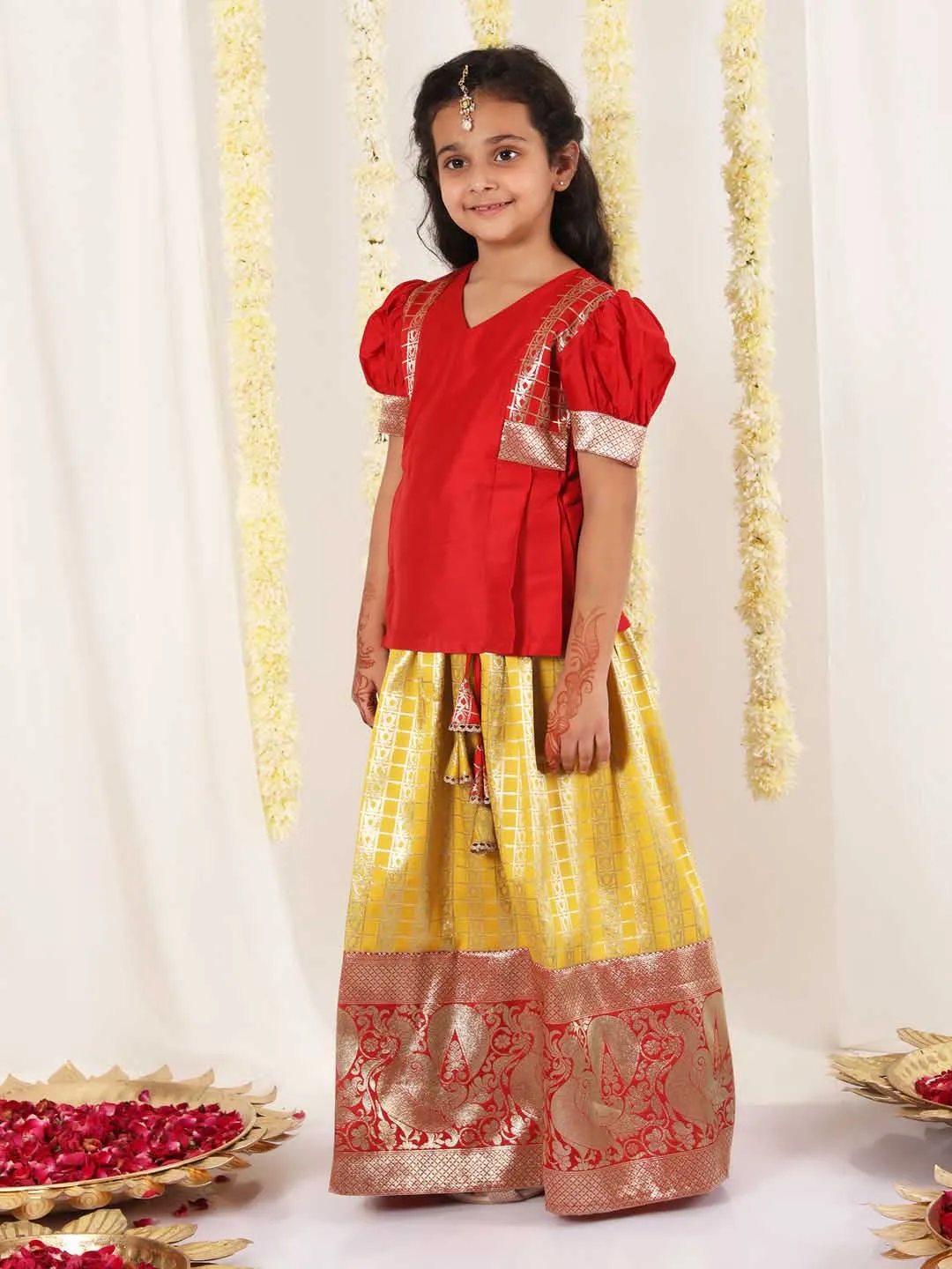 Jashvi Girl's Yellow And Maroon Pavda Pattu Lehenga Choli Set