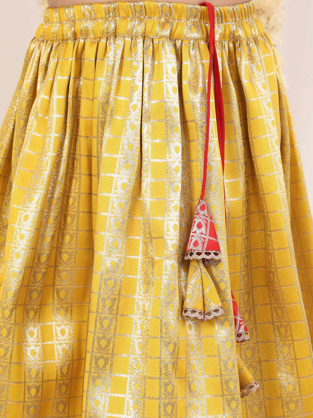 Jashvi Girl's Yellow And Maroon Pavda Pattu Lehenga Choli Set