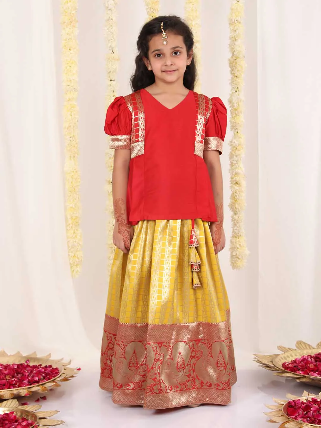 Jashvi Girl's Yellow And Maroon Pavda Pattu Lehenga Choli Set