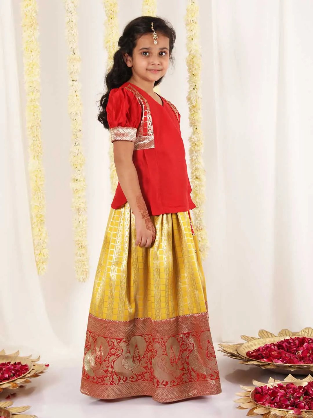 Jashvi Girl's Yellow And Maroon Pavda Pattu Lehenga Choli Set