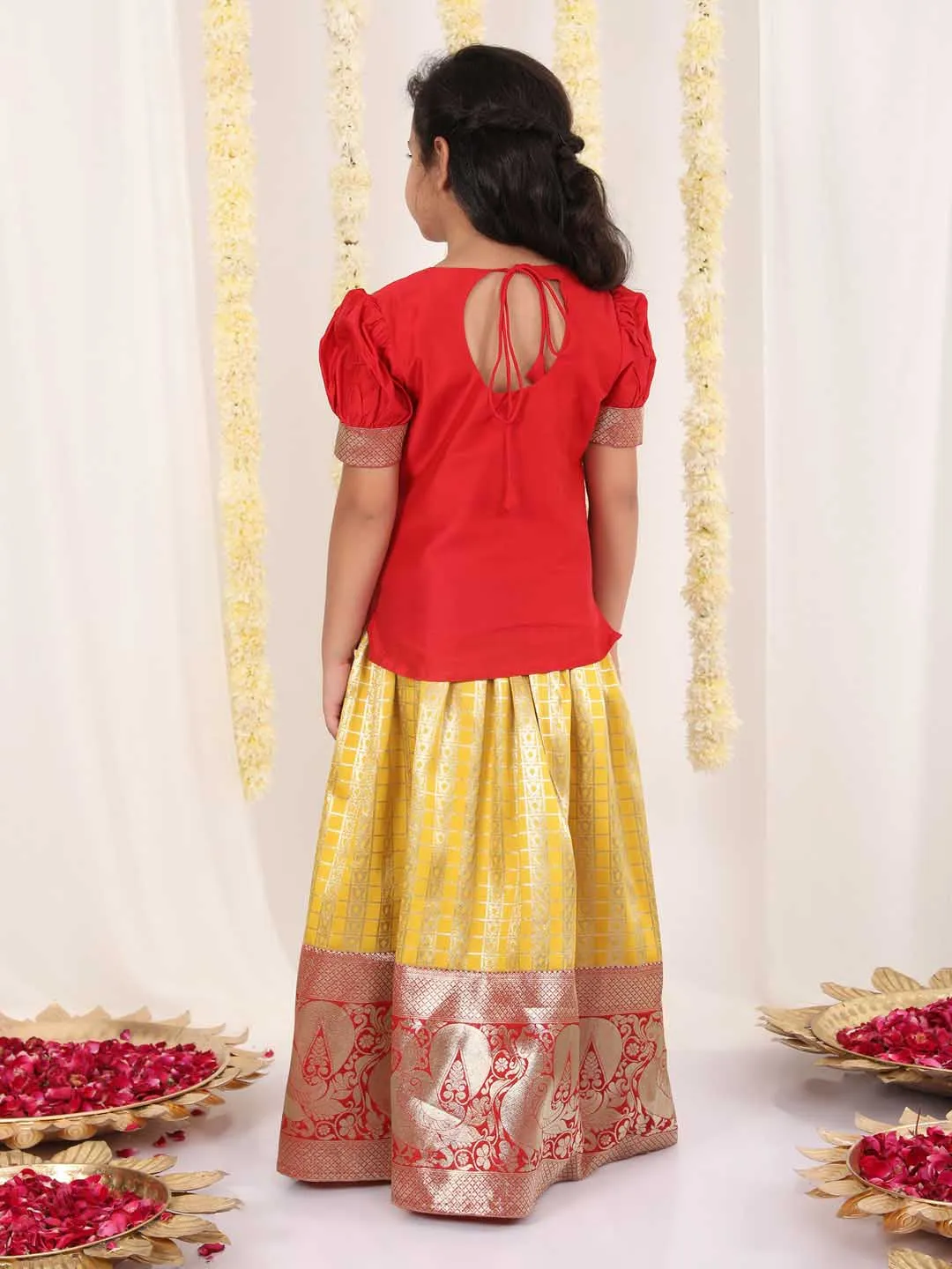 Jashvi Girl's Yellow And Maroon Pavda Pattu Lehenga Choli Set