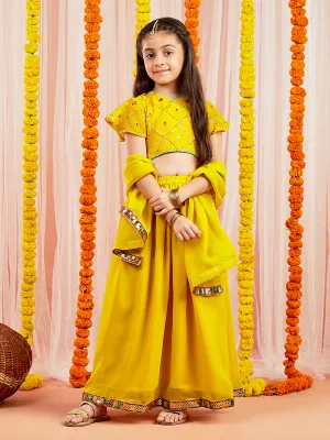 Jashvi Girls' Yellow Mirror Georgette Lehenga Set