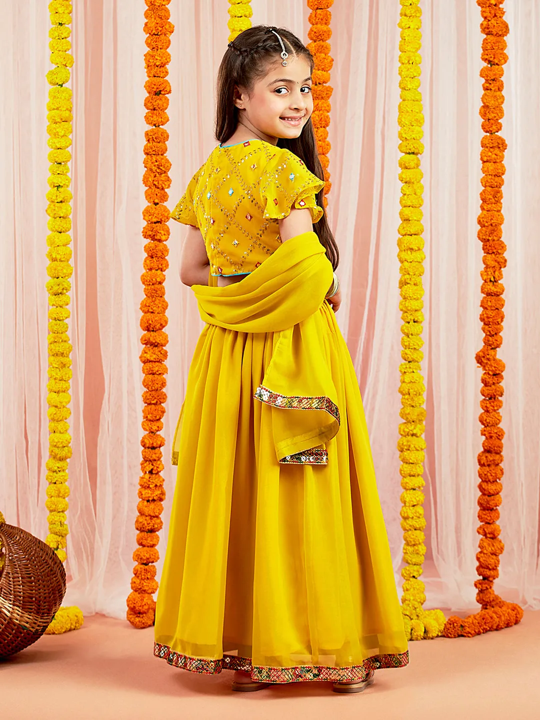 Jashvi Girls' Yellow Mirror Georgette Lehenga Set