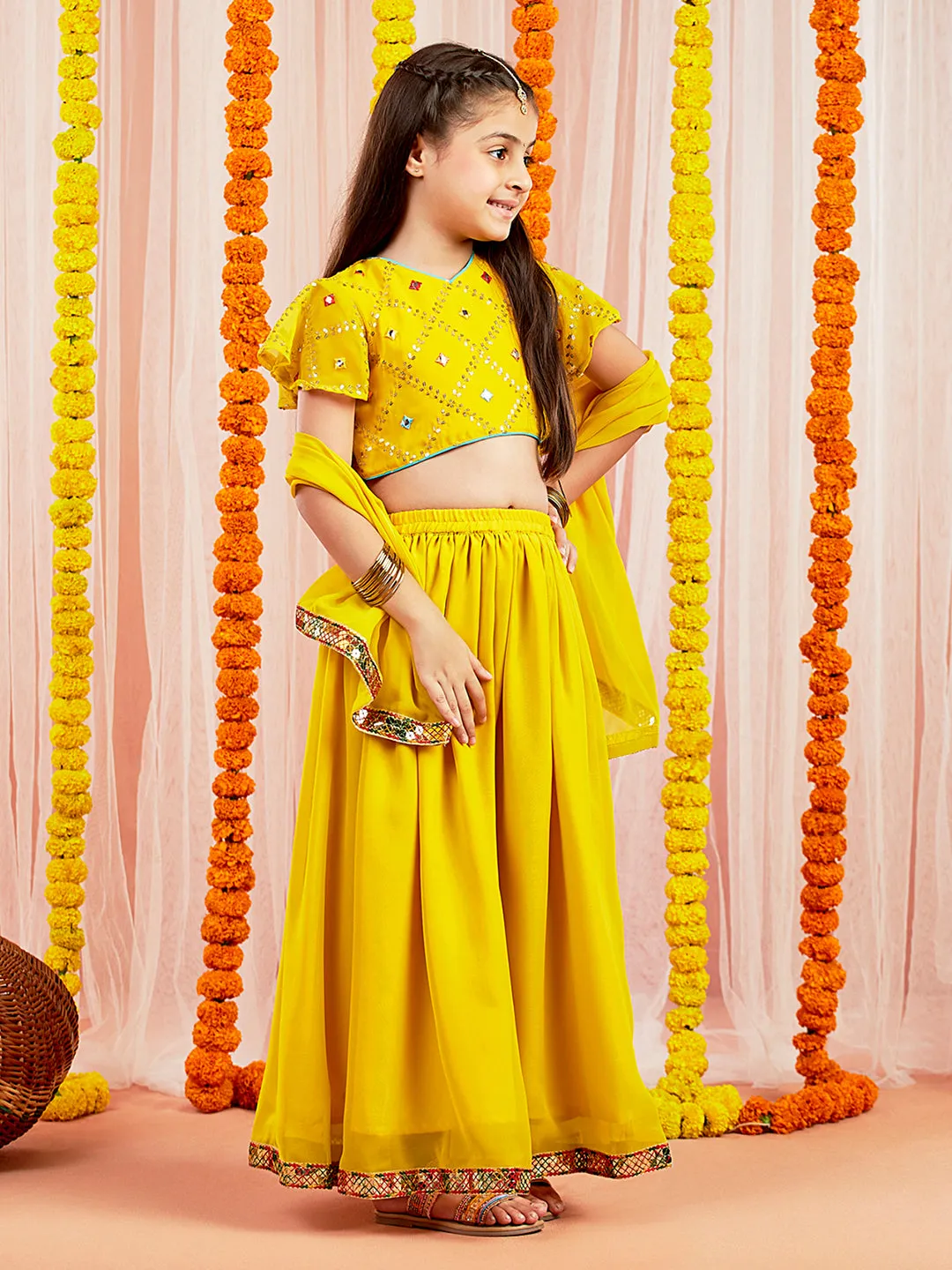 Jashvi Girls' Yellow Mirror Georgette Lehenga Set