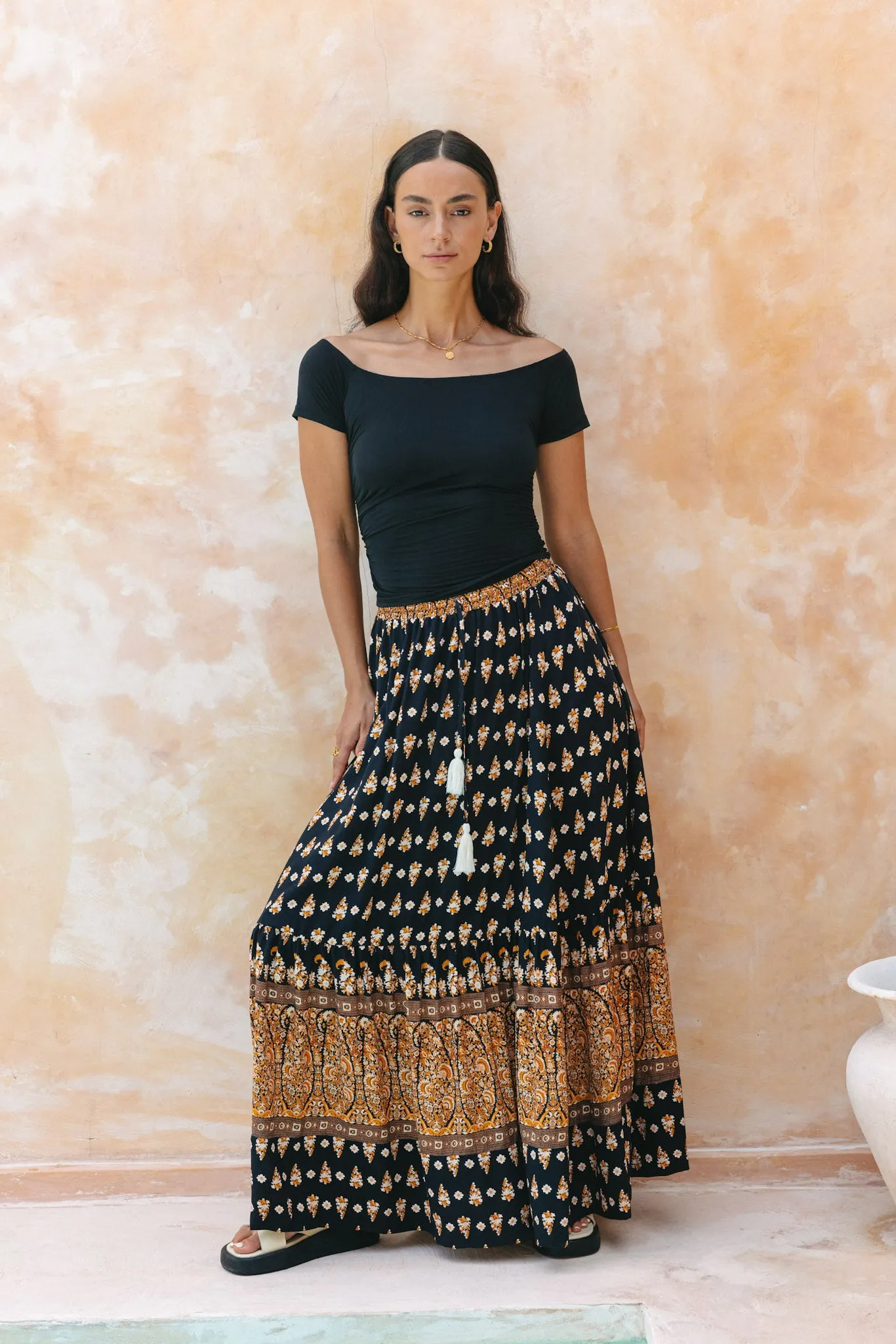 Leila Black Boho Maxi Skirt