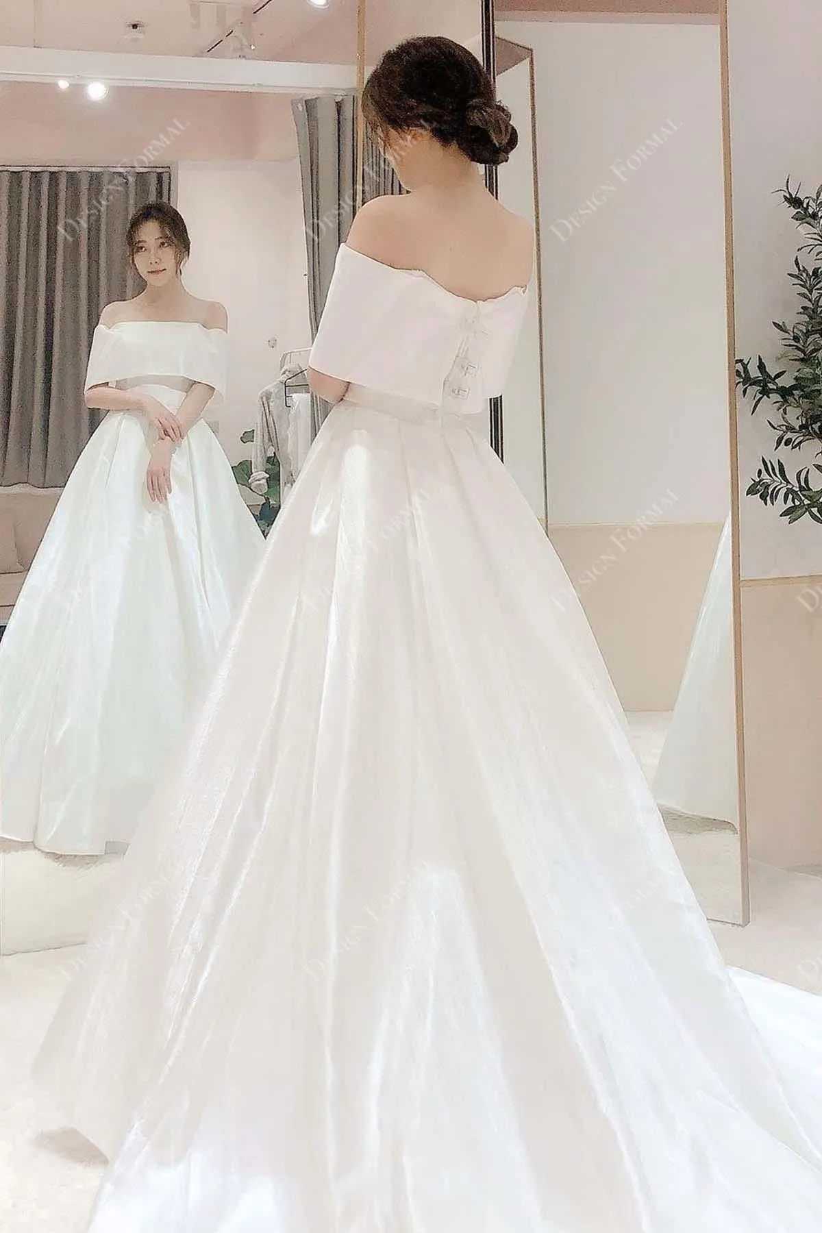 Light Ivory Taffeta Off-shoulder A-line Crafted Wedding Dress