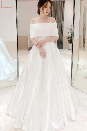 Light Ivory Taffeta Off-shoulder A-line Crafted Wedding Dress