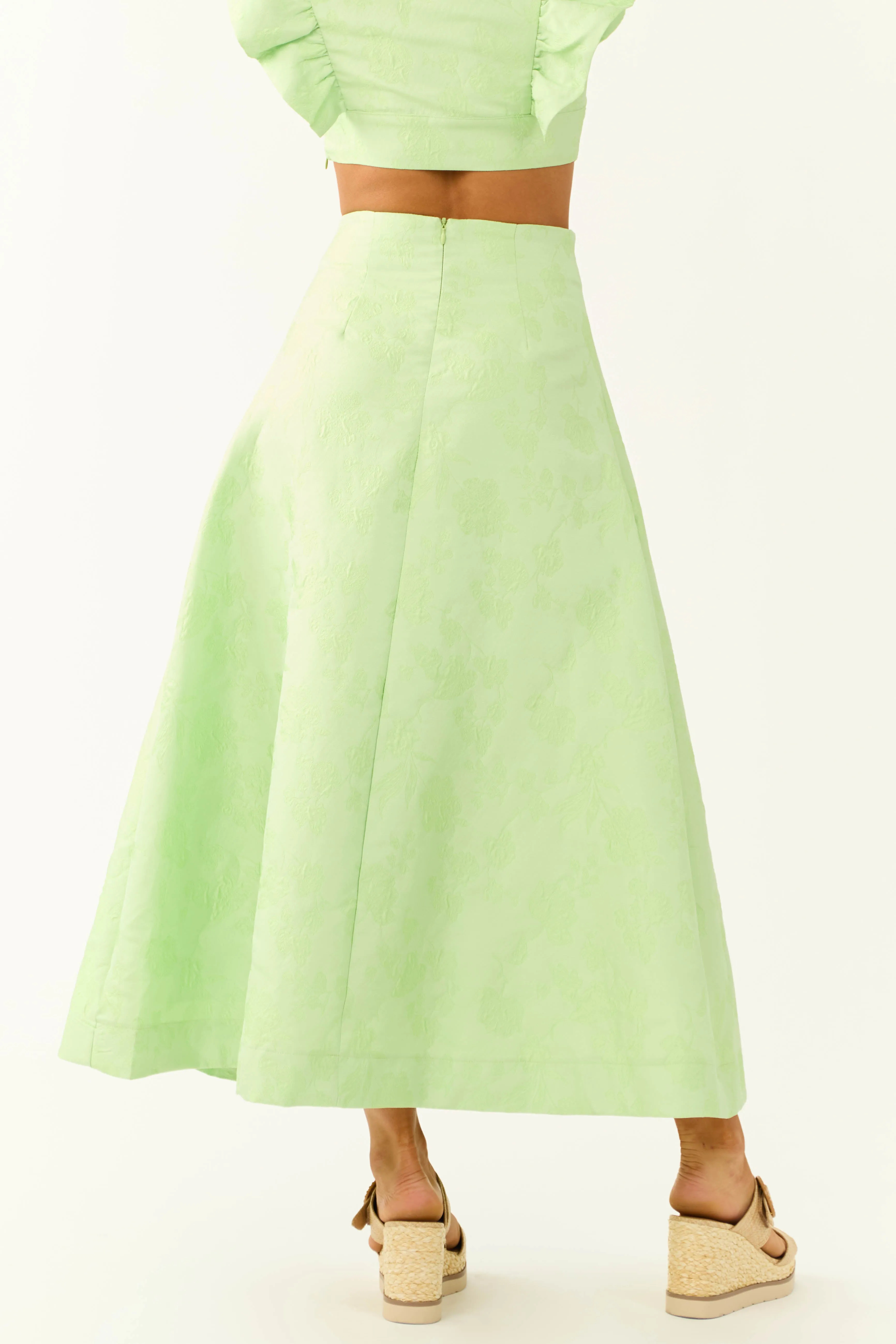 Light Lime Floral Jacquard A Line Midi Skirt