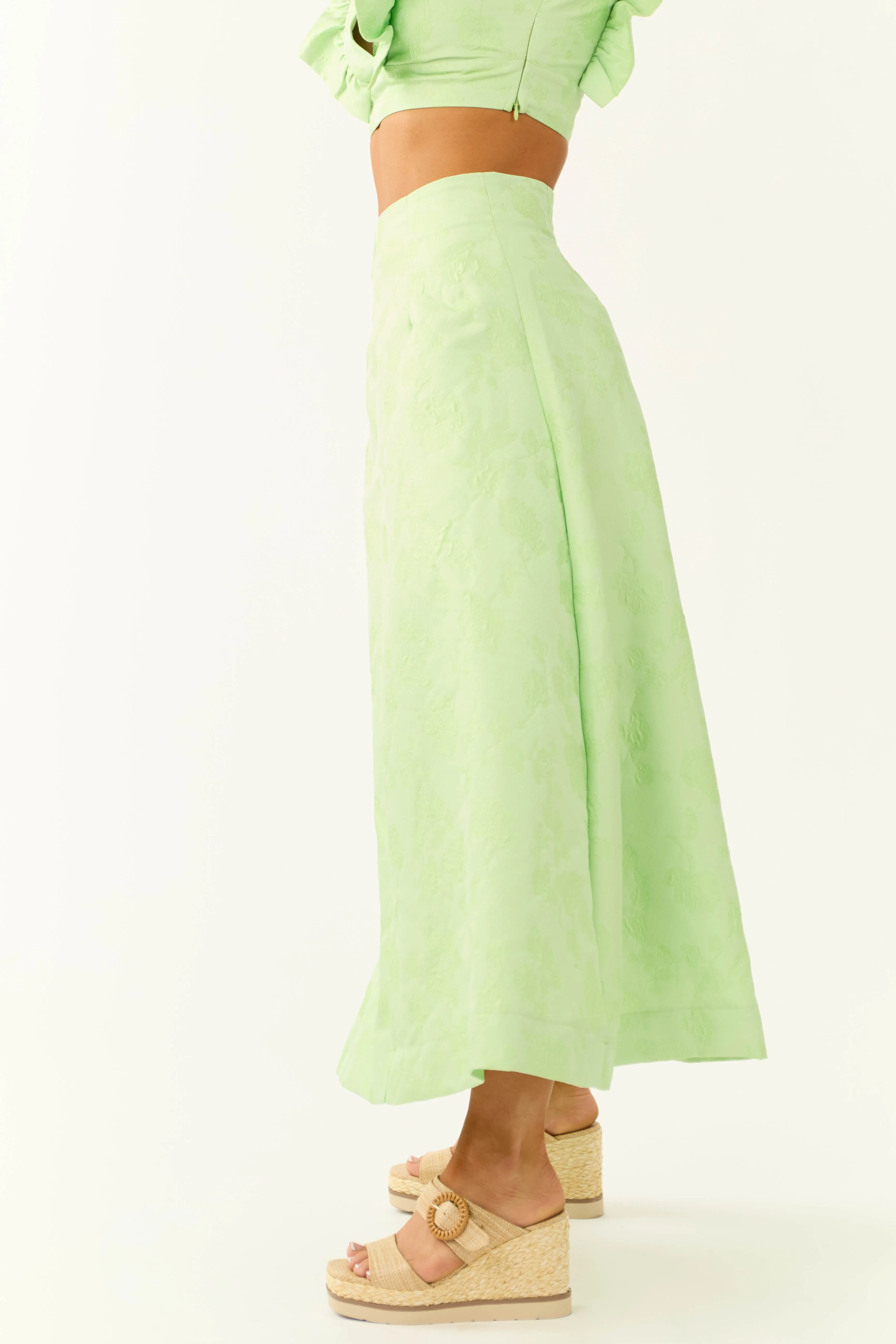 Light Lime Floral Jacquard A Line Midi Skirt